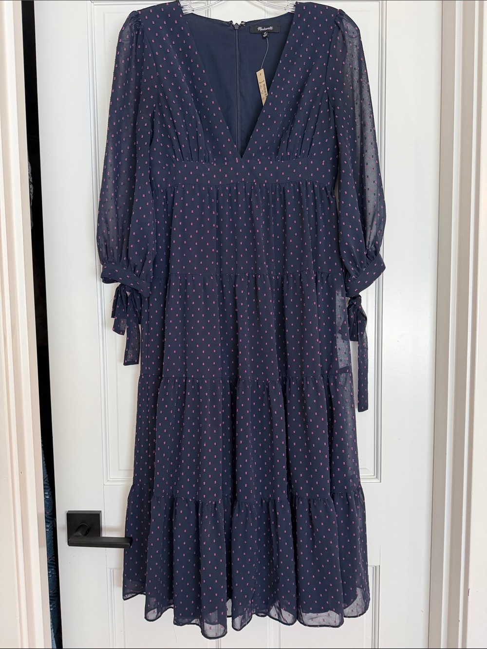 Madewell Navy Midi Dress with Pink Dot Print NWT
